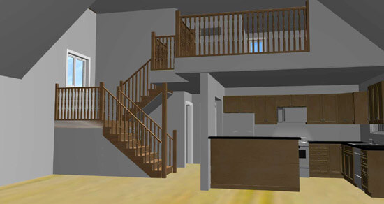 Kitchen and stairs to the second floor - Interior - 3D Rendered Home