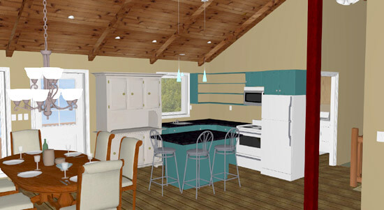 Kitchen and dining room with Vaulted Ceiling - Interior - 3D Rendered Home
